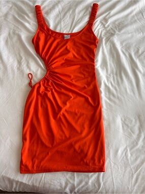 Selfie Leslie Orange Ruched Cutout Mini Dress
